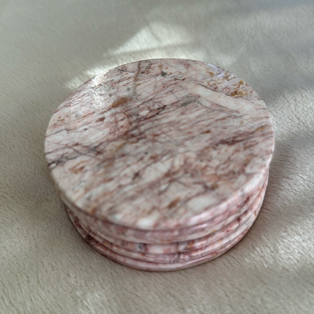 Onyx 6-Small Rose Pink Coasters+Onyx Holder / Red Felt Bottom / New Never Used